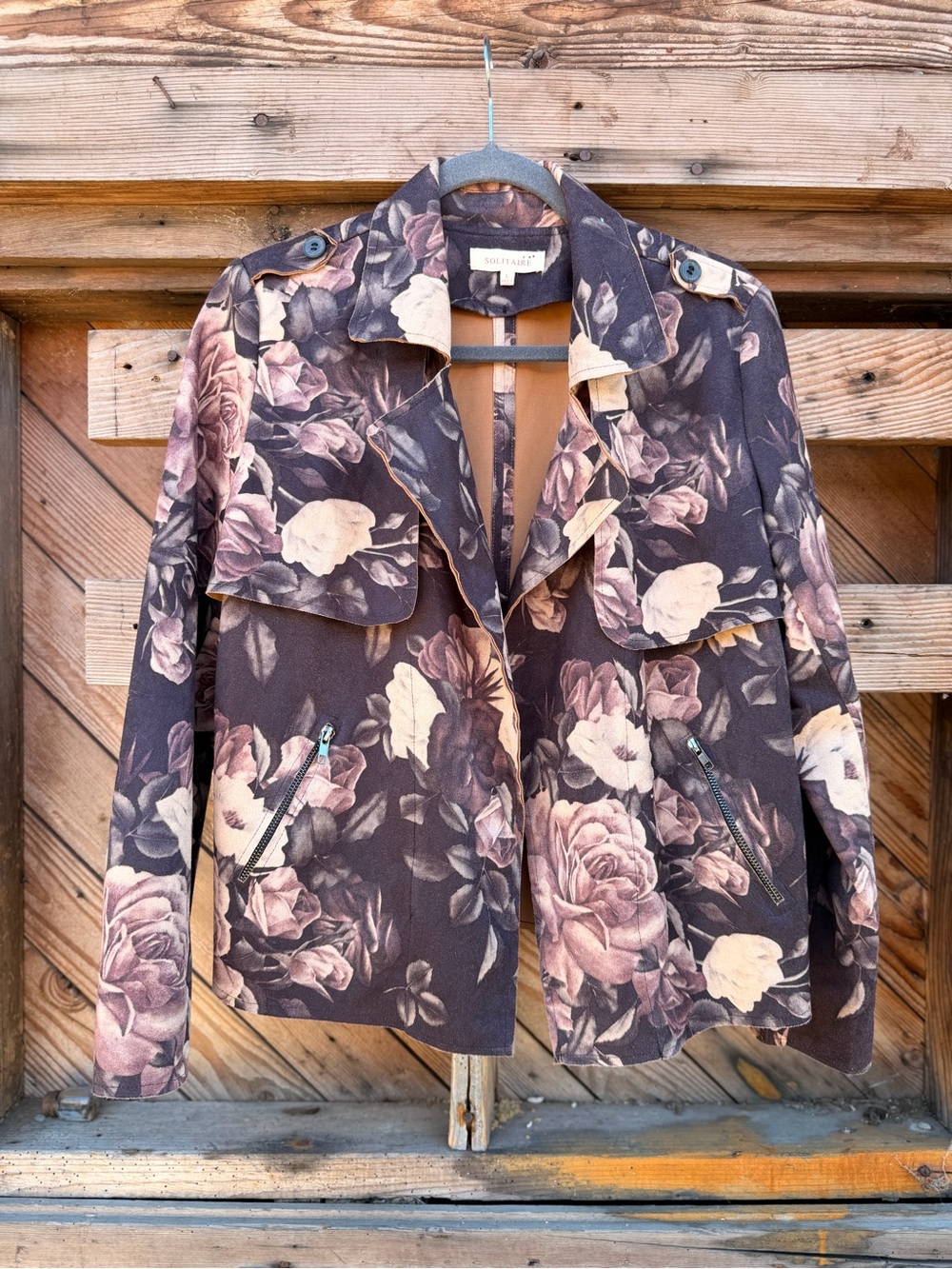 Solitaire Floral Suede Jacket in Brown and Pink